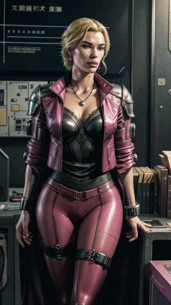 cyberpunk, Lena Headey as Cersei Lannister, Scarlett Johansson, cyberpunk blonde hair, make-up, cyberpunk pink office suit, cyberpunk pantyhose, earrings, rings, necklace, standing in the cyberpunk luxury office, boss, bossy, 1woman, solo, beautiful detailed glow, detailed, cinematic light, intricate detail, realistic, highres, detailed facial features, high detail, sharp focus, smooth, aesthetic, extremely detailed, stamp, octane render