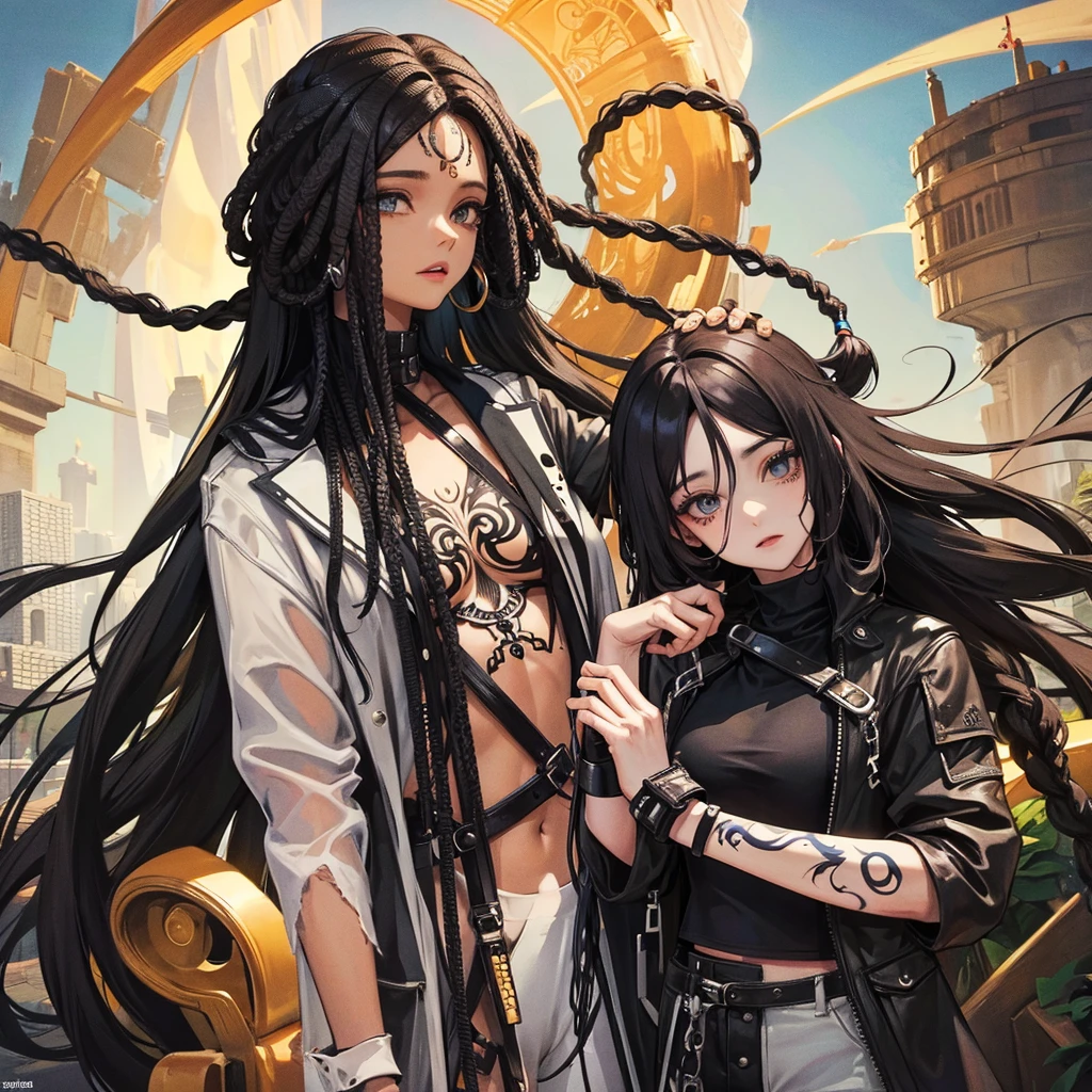 woman. mulatta. He has dreadlocks in his hair. has tattoos. He is wearing black clothes. futuristic scenery