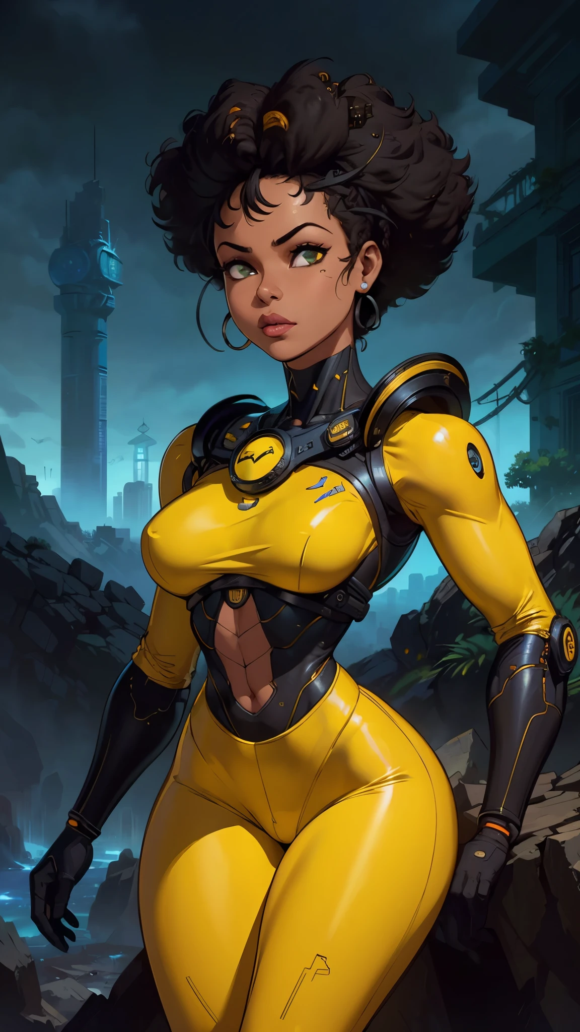 (The best quality,A high resolution,Ultra - detailed,actual),Selena Gómez with headphones on and a (yellow outfit:1.4) , (afrofuturism style:1.4) , afrofuturism, rossdraws | afrofuturism, Beeple. hyperrealism, (style hybrid mix of Beeple:1.4) , cinematic Beeple, realism | Beeple, afrofuturistic, Beeple daily art, cyberpunk art ultrarealistic 8k, cyberpunk vibrant colors,(Selena Gómez :1.4), (cinematic lighting :1.4), (perfect anatomy :1.4), ,(Fondo de ruinas de mazmorra en ruinas cyberpunk :1.4 ), (pose dinámica vaquero), (face detailed Selena Gómez :1.4), (Five Fingers, Four fingers and thumb),(cyborg yellow mecánica transparente plastic :1.4), ,(Fondo de ruinas de mazmorra en ruinas:1.4 ), (cabello afro rizado negro :1.4)