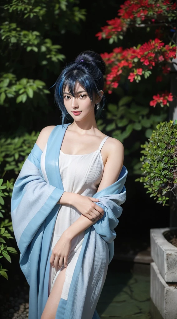 xenovia, masterpiece, best quality, CG, wallpaper, HDR, high quality, high-definition, extremely detailed, blue hair, yellow eyes, hair in a bun, beautiful, beautiful woman, perfect body, perfect breasts, wearing a kimono, wearing earrings, wearing watch, being in the garden, cherry tree, traditional Japanese house, looking at the viewer, a slight smile, realism, masterpiece, textured leather, super detail, high detail, high quality, best quality, 1080p, 16k, showing shoulder