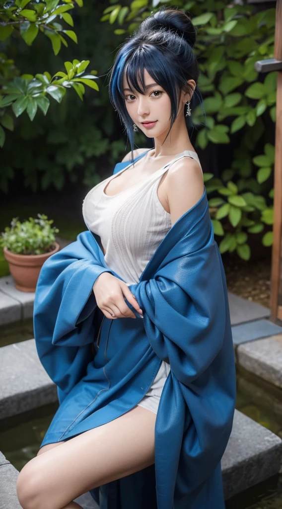 xenovia, masterpiece, best quality, CG, wallpaper, HDR, high quality, high-definition, extremely detailed, blue hair, yellow eyes, hair in a bun, beautiful, beautiful woman, perfect body, perfect breasts, wearing a kimono, wearing earrings, wearing watch, being in the garden, cherry tree, traditional Japanese house, looking at the viewer, a slight smile, realism, masterpiece, textured leather, super detail, high detail, high quality, best quality, 1080p, 16k, showing shoulder