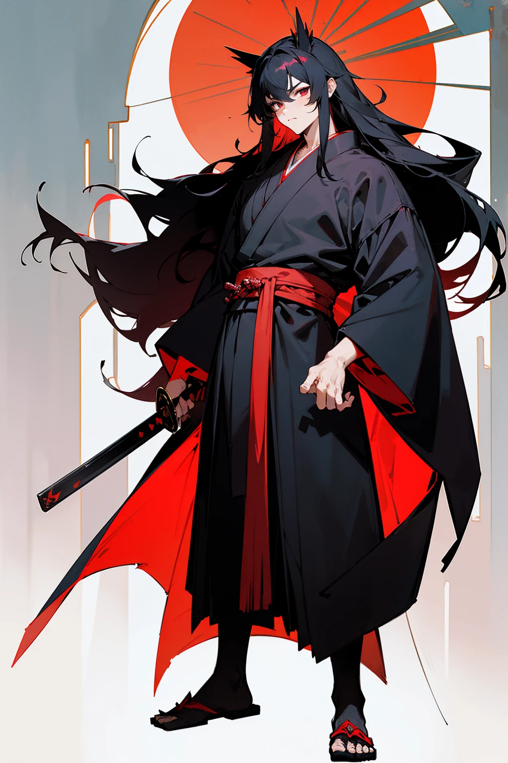 Masterpiece Quality, Perfect Generation, Sclera, Detailed Eyes, , Red And Black Long Spiky Hair, Muscular, Black And Red Haori, Bored Expression, , Full Body, , , Standing, Facing Viewer, Male, Standing Outside Temple In Forest, Clothed, Kimono, Standing In Temple, Night, Teen, Long Black Hair, Sword on hip,