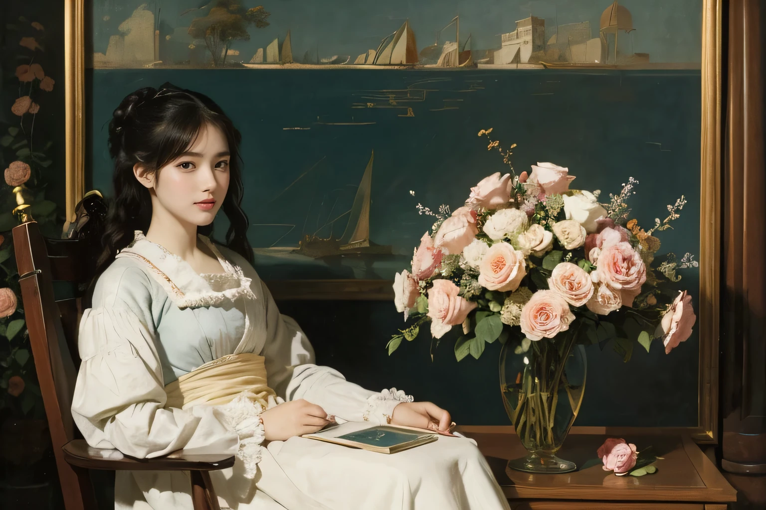 James Whistler painting style,Arguments of two female Philosophe,math、astronomical machine、astronaut、roses in vase、fruits、Cute trinkets、smile、ancient
