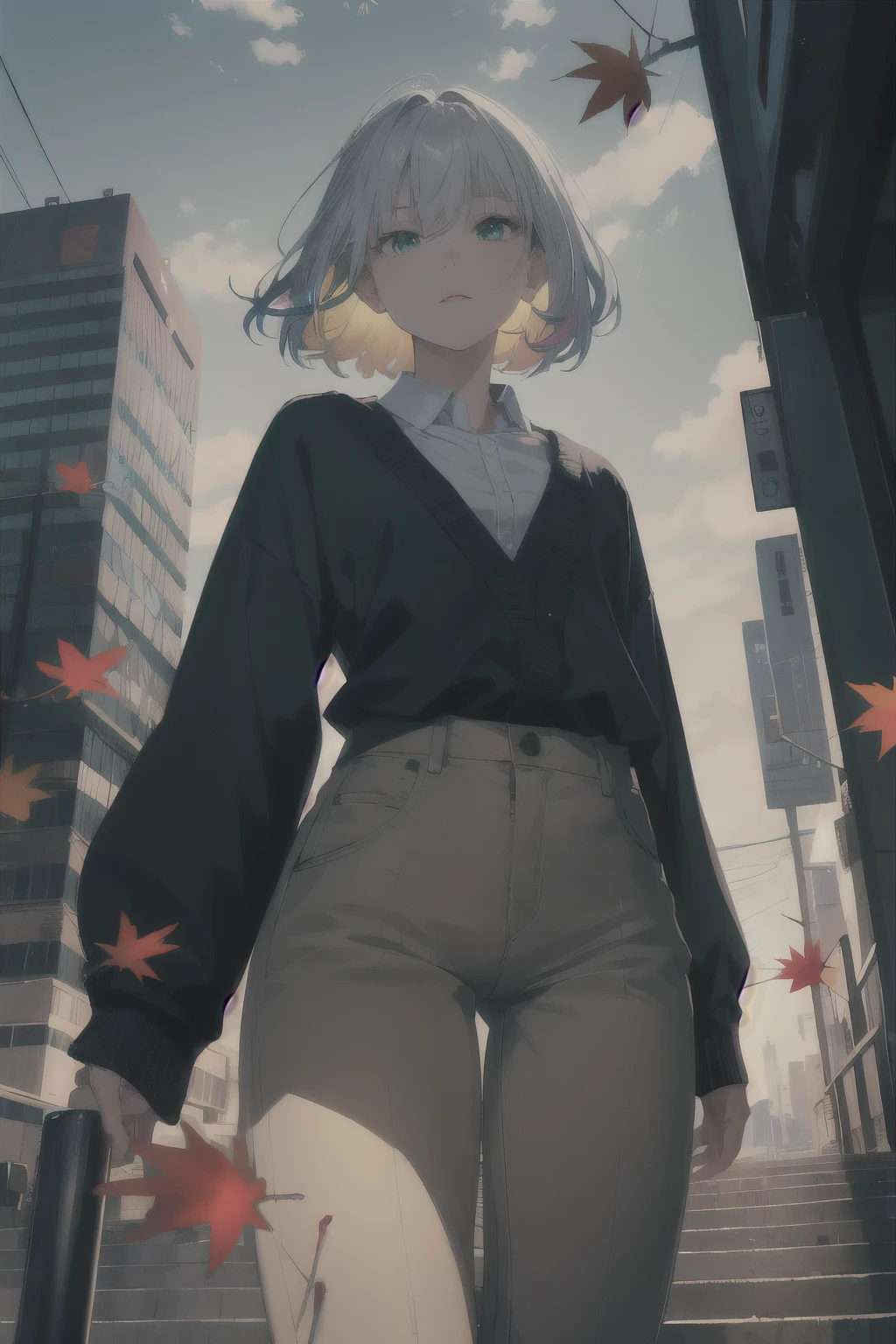 Japan, High resolution, Highest quality, figure, Super detailed, (Detailed face), (Fine grain), Soft lighting, Highest quality, Faint glow, Dreamy atmosphere, Super detailed, masterpiece, One girl, alone, Silver Hair, Green Eyes, knit, Glowing Eyes, Medium chest, (colorful), Cowboy Shot, From below, Outdoor, morning, cloud, Skyscrapers in the background, industrial use, public transport, Urban, concrete buildings, concrete, Sidewalk, busy, wood, autumn, Fallen leaves,