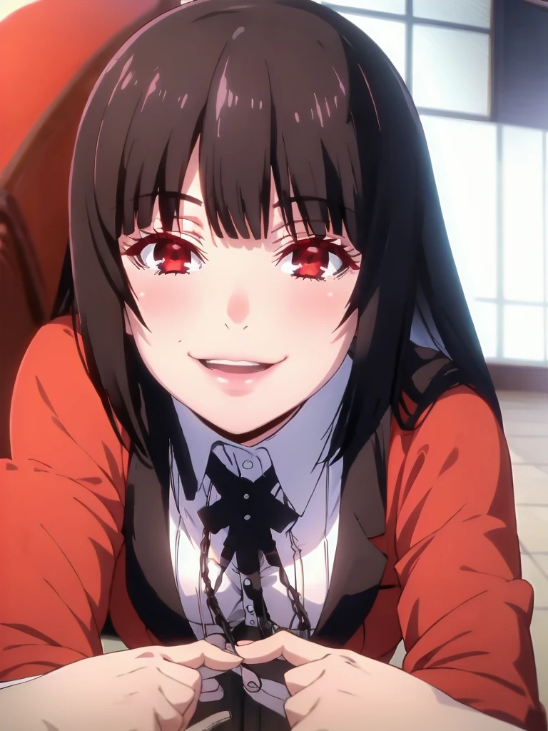 best quality, masterpiece, portrait, (close up:1.2), upper body, arms behind back, pov,
1girl, jabami yumeko,dynamic_pose, evil smile, , blunt bangs, black hair, red jacket, indoors, classrooom, smile, looking at viewer, ai-generated , good hand, upper body,