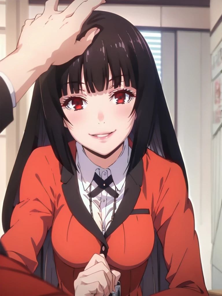 best quality, masterpiece, portrait, (close up:1.2), upper body, arms behind back, pov,
1girl, jabami yumeko,dynamic_pose, evil smile, , blunt bangs, black hair, red jacket, indoors, classrooom, smile, looking at viewer, ai-generated , good hand, upper body,