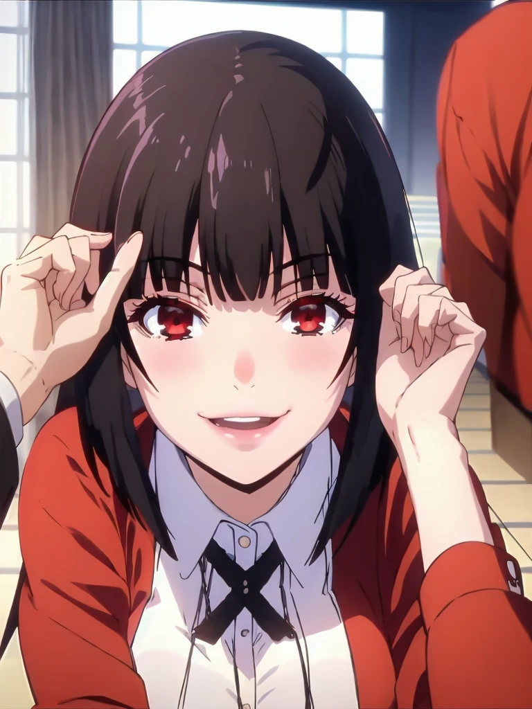best quality, masterpiece, portrait, (close up:1.2), upper body, arms behind back, pov,
1girl, jabami yumeko,dynamic_pose, evil smile, , blunt bangs, black hair, red jacket, indoors, classrooom, smile, looking at viewer, ai-generated , good hand, upper body,