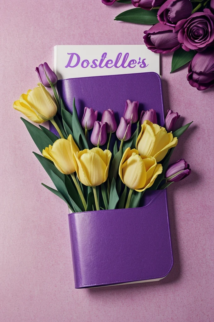 Cover of a novel, (book) where the cover stands out with paint stains, discos de vinil, flowers and melodies scattered on the cover the flowers are roses and tulips the paint stains are purple and lilac