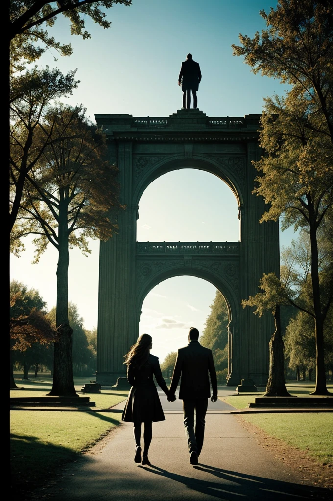 A couple walking in the park right to left, with took hands, with a front side look, make it on the style of album cover art "life is but a dream" by avenged sevenfold