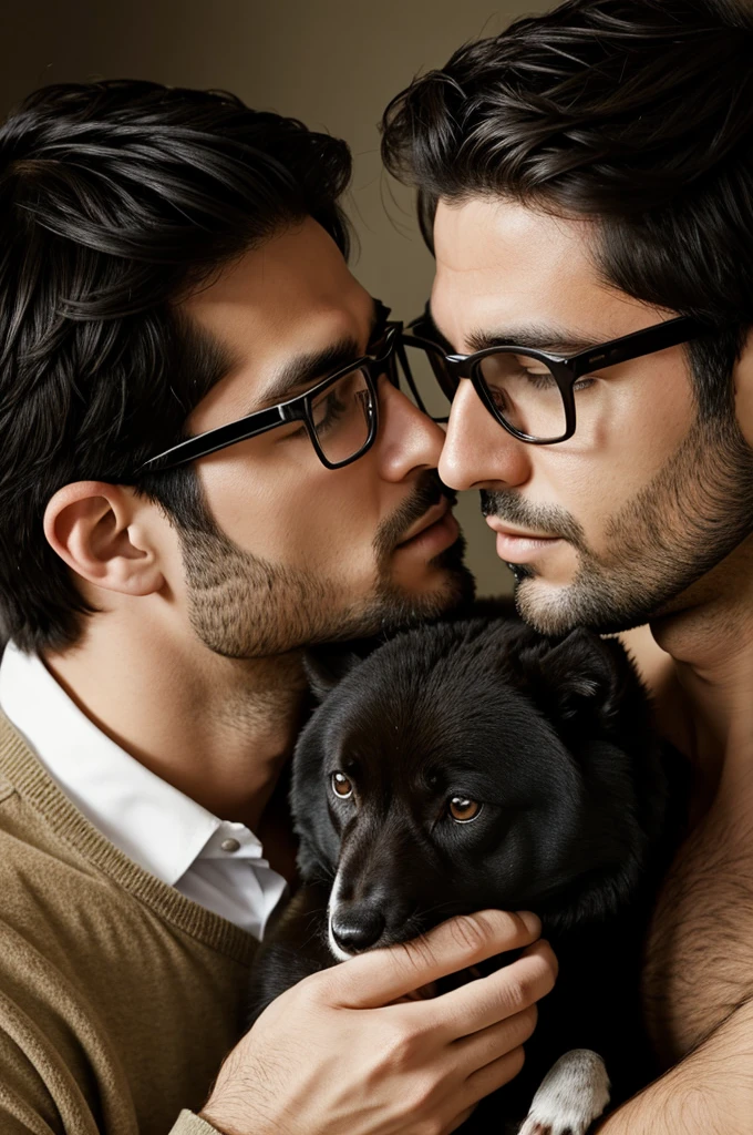 Dark-haired man with glasses kissing an animal