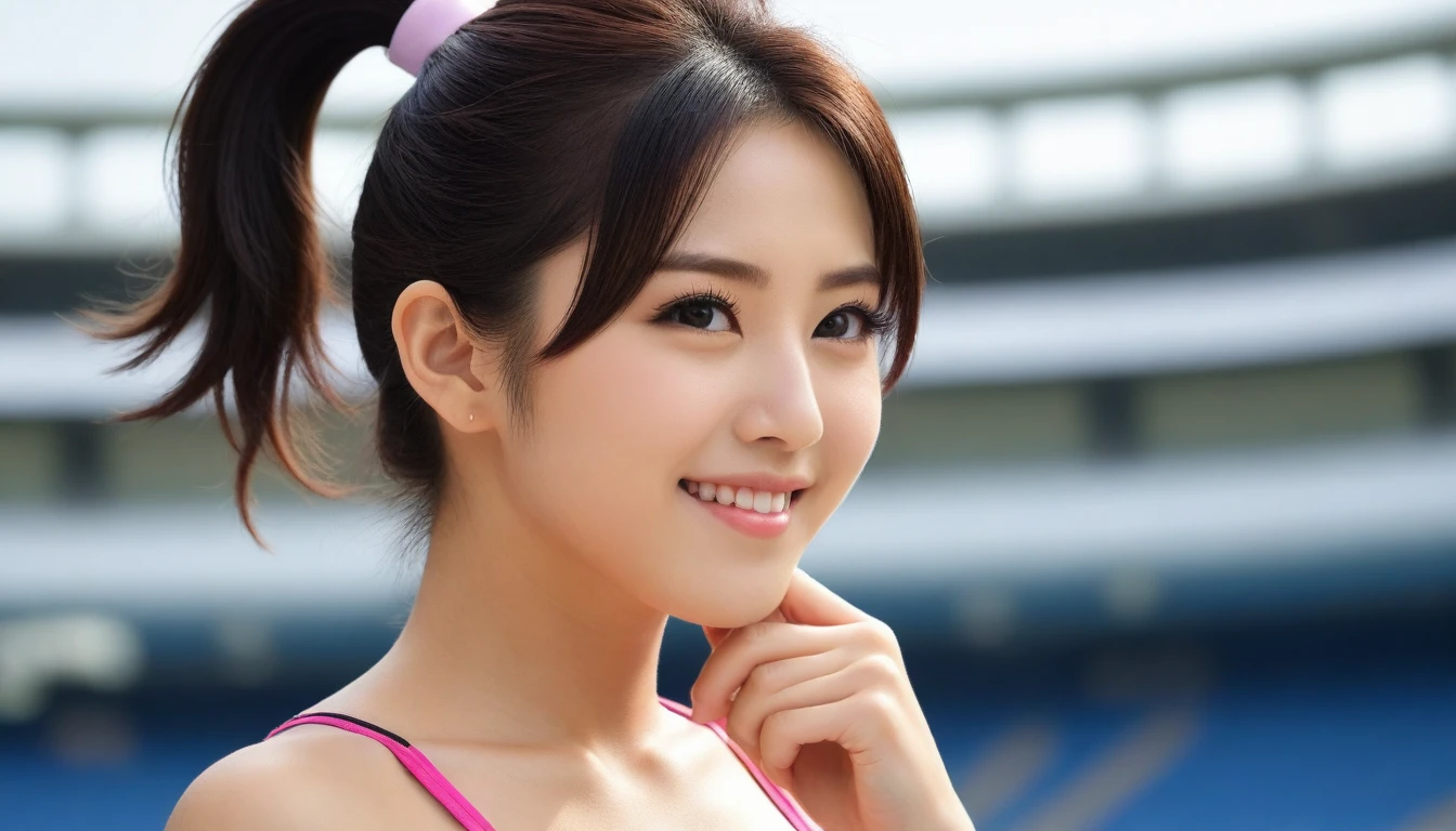 8K, Ultra-high resolution, Highest quality, masterpiece, 三分割法によるphotograph,Surreal, photograph, 1 Girl, (:1.3), pretty girl, Cute face, Beautiful eyes in every detail, 細かくdetailedに,masterpiece,, One Girl:1.2, Japan Female Announcer,whole body,Outdoor,Athletics Stadium,Sportswear,Beautiful leg line beauty,Refreshing sweat,Full of sex appeal,Sensual,A carefree smile,Heal the heart,Black Hair,ponytail,Looking at the audience、beauty,Long neck、Laugh a little、Please close your mouth and laugh、(((Ideal body type))),A cup small breasts :2,、Portraiture:2、Perfect Anatomy、鮮明なdetailed、detailed、Surreal、Light and shadow,Strong light