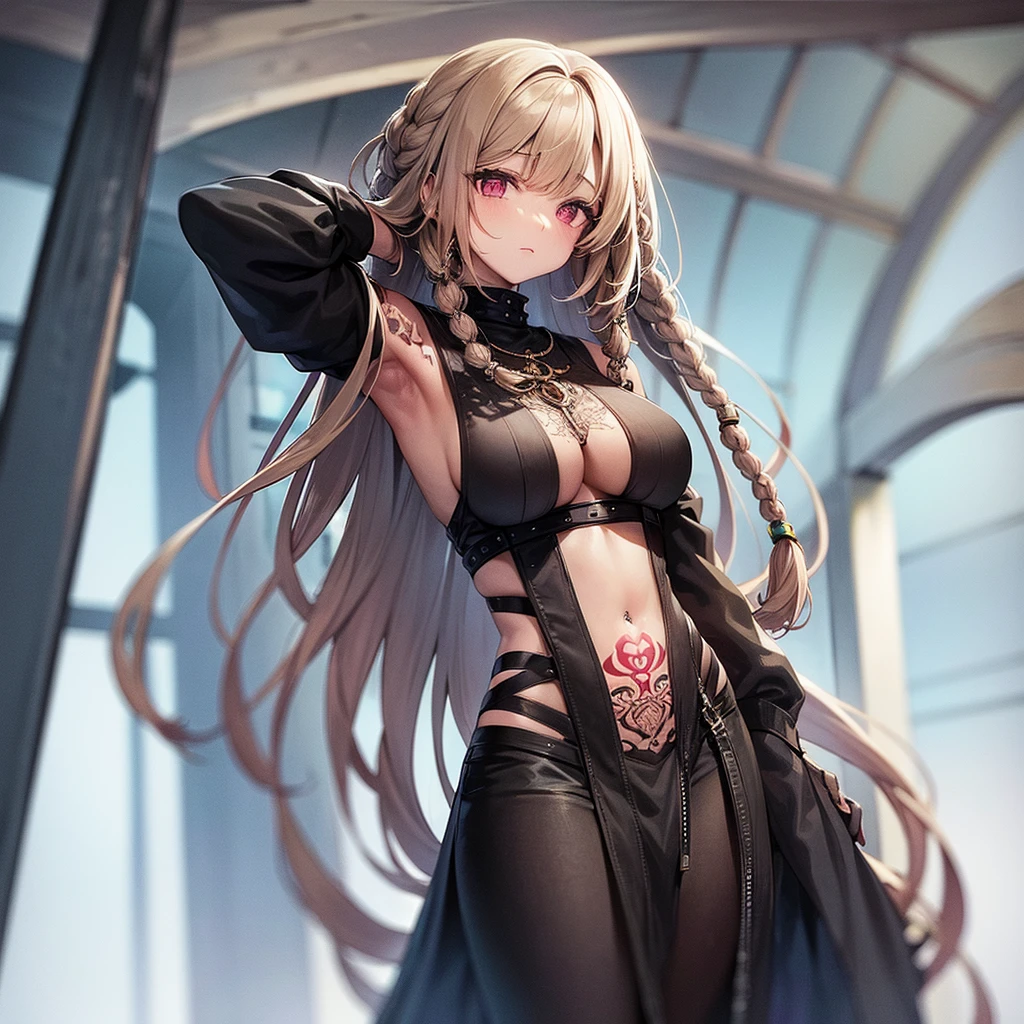 woman. mulatta. He has dreadlocks in his hair. has tattoos. He is wearing black clothes. futuristic scenery