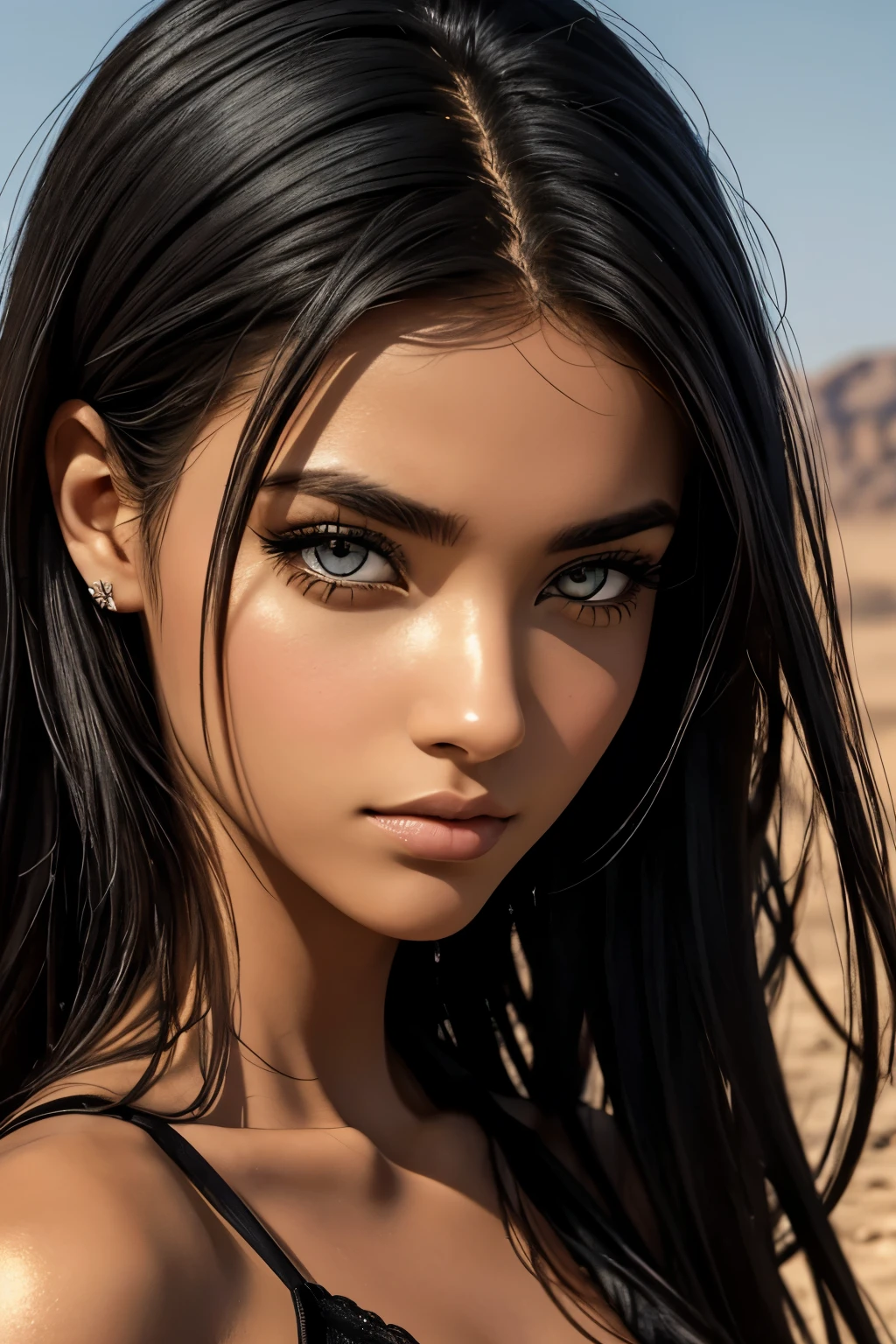 A stark, desolate landscape, dominated by ashy gray soil and barren trees. The disturbing silence is only broken by the full-length silhouette of a beautiful, beautiful and unique Brazilian model with dark honey eyes, long cascading hair. Her hair is transparent, black and neon blue, emphasis on her serene expression, vivid shadows, a beautiful woman with soft features. The bright colors of hers (honey eyes) create a stark contrast to the monochrome background. A soft, golden sun casts a warm glow over the scene, highlighting the solitary beauty of the beautiful model.