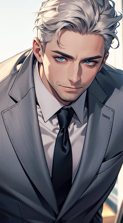 (best quality,4k,8k,highres,masterpiece:1.2),ultra-detailed,(realistic,photorealistic,photo-realistic:1.37),1 man,31 years old,mature man,very handsome,without expression,smile,short grey white hair,blue eyes,penetrating gaze,perfect face without errors,imposing posture,businessman,office background,cinematic lighting,hdr image
