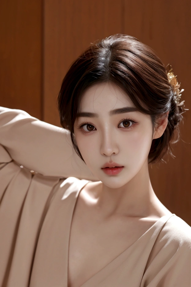 best quality, 4K,8K,realistic, realistic, very detailed, very delicate and beautiful, raw photo, Japanese and Korean beauties，korean beauty，(beautiful detailed eyes,beautiful and delicate lips, My eyebrows are thin and elegant.，A quiet and innocent face, Short hair, Looks like Jeon Ji-hyun, Looks like Son Ye-jin, Hint Dress