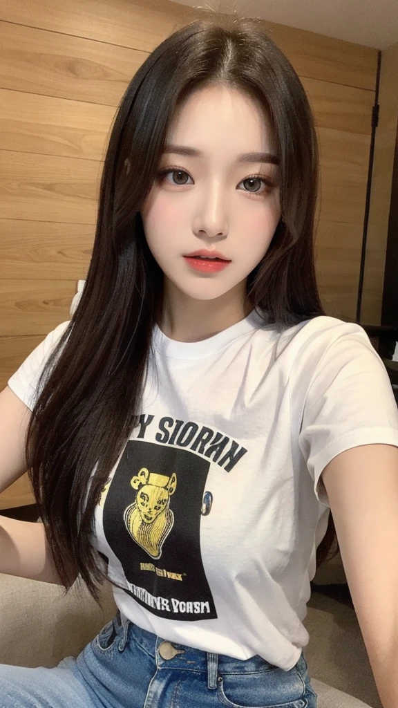 (Genuine, High resolution:1.3), One girl with perfect body, Very beautiful face and eyes,Long Hair, Random Color T-Shirt:1.2, Short jeans,
