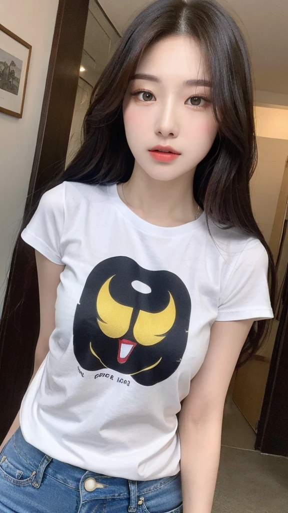 （Genuine， High resolution：1.3）， One girl with perfect body， Very beautiful face and eyes，Long Hair， Random Color T-Shirt：1.2， Short jeans， 