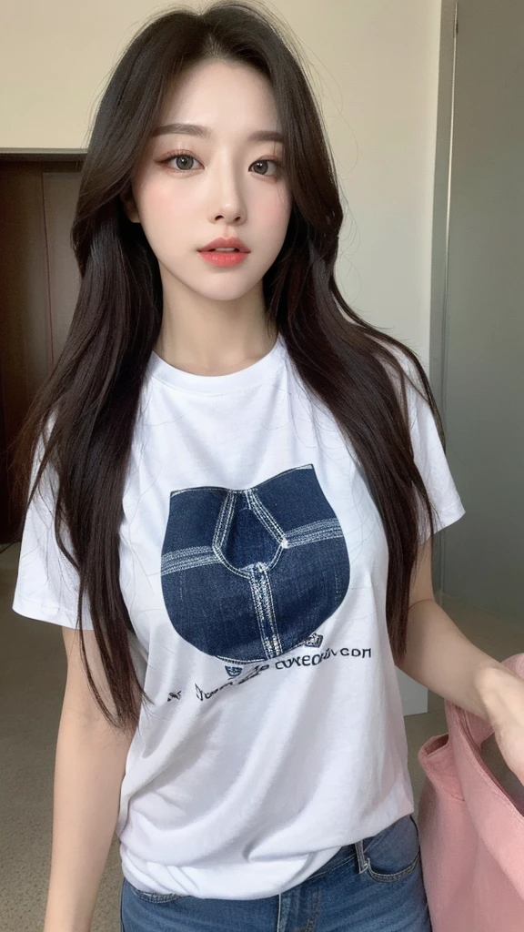 (Genuine, High resolution:1.3), One girl with perfect body, Very beautiful face and eyes,Long Hair, Random Color T-Shirt:1.2, Short jeans,