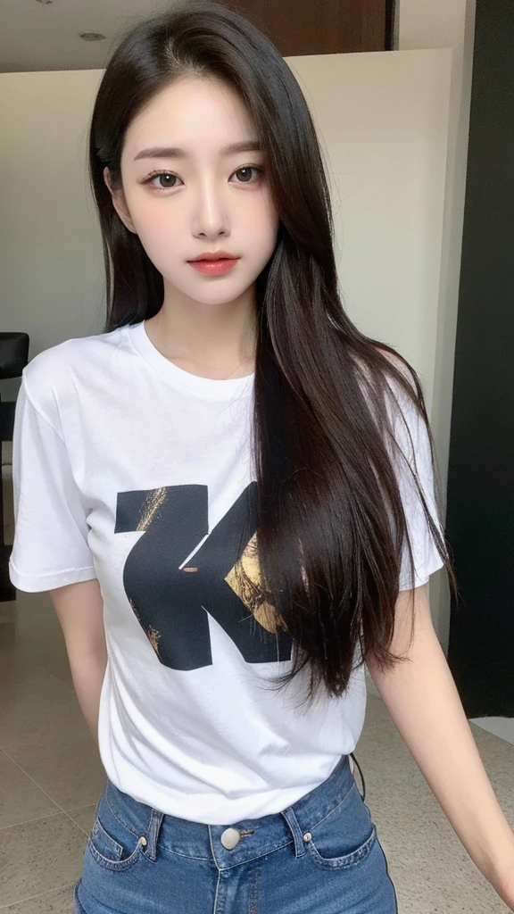 (Genuine, High resolution:1.3), One girl with perfect body, Very beautiful face and eyes,Long Hair, Random Color T-Shirt:1.2, Short jeans,