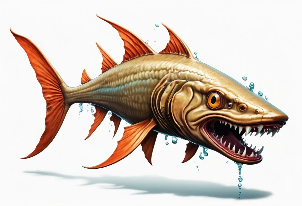 An ancient mutant dogfish,Faucet,Horns on the head,fear,Scary,Huge teeth,ferocious,side view,White background,cartoon,Second Dimension
