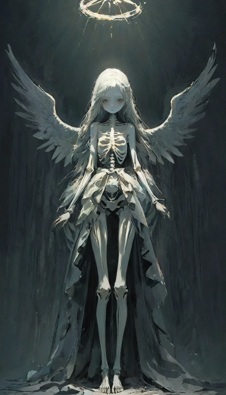 (masterpiece), (High resolution), (Very delicate), (masterpiece: 1.2, Highest quality),Darkness, An angel standing in the darkness、The girl who guides the dead to heaven、Cute face、Expressionless、 scribble, nightmare, Doll-like face, Manga Style, rough sketch, Manga Styleイラスト, Japanese painting, whole body,(snap shot), Flat Illustration, Creepy Appearance, Unique atmosphere、White God on a Skeleton