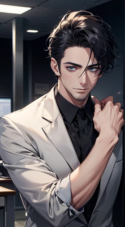(best quality,4k,8k,highres,masterpiece:1.2),ultra-detailed,(realistic,photorealistic,photo-realistic:1.37),1 man,31 years old,mature man,very handsome,without expression,smile,short grey black hair,blue eyes,penetrating gaze,perfect face without errors,imposing posture,businessman,office background,cinematic lighting,hdr image