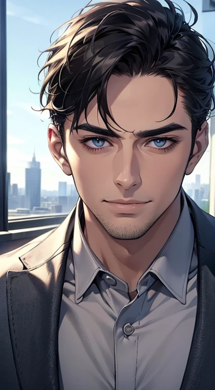 (best quality,4k,8k,highres,masterpiece:1.2),ultra-detailed,(realistic,photorealistic,photo-realistic:1.37),1 man,31 years old,mature man,very handsome,without expression,smile,short grey black hair,blue eyes,penetrating gaze,perfect face without errors,imposing posture,businessman,office background,cinematic lighting,hdr image
