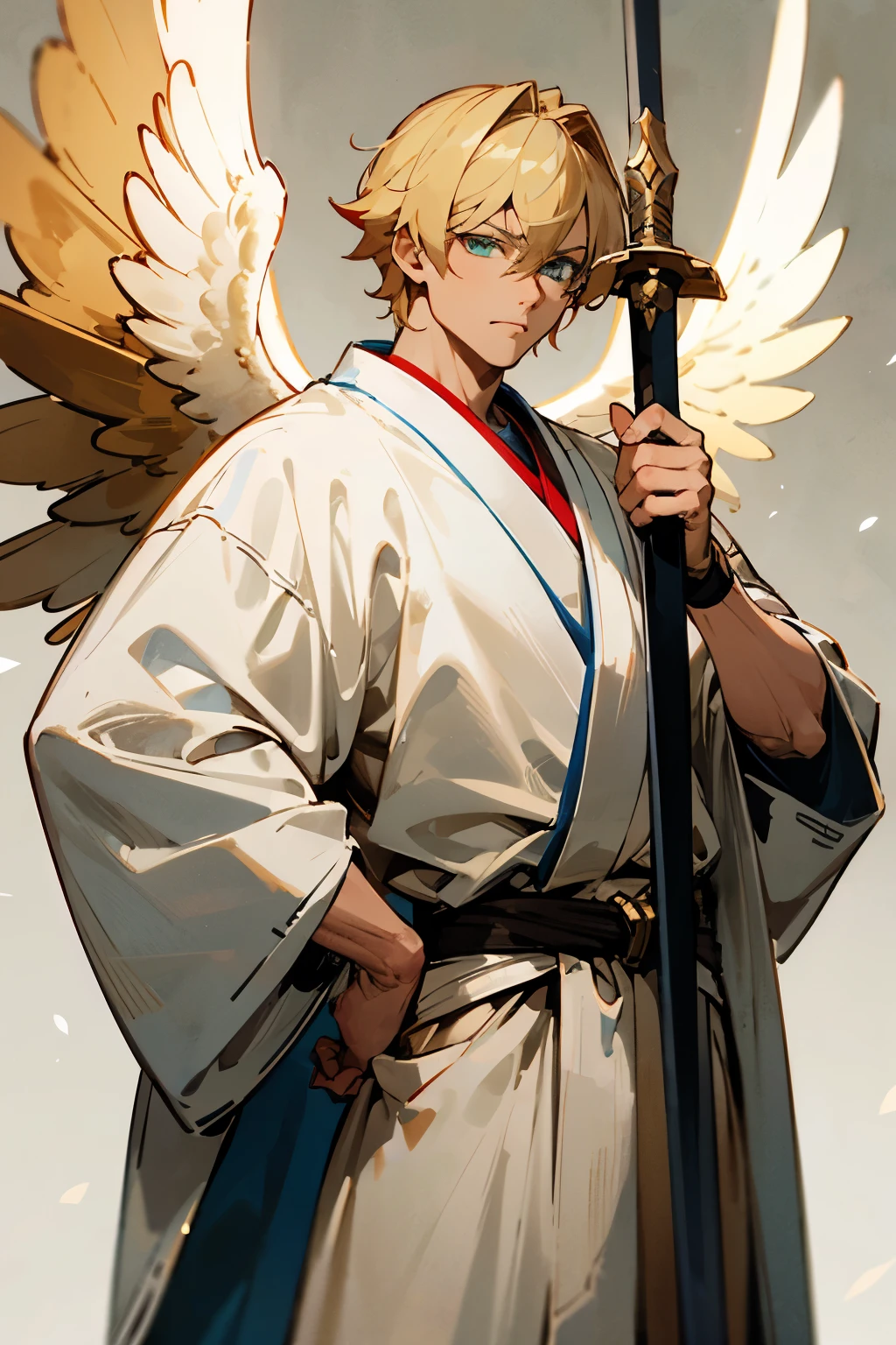 Archangel, with blonde hair with brown tips, blue-green eyes, four WHITE wings WITH LARGE GOLDEN TONES with eyes around him, aesthetic muscular body, white robe clothing that reaches from his shoulder to hip covering half of the body and the other half of it is exposed to his muscles, right hand holding a large golden angel sword, anatomically correct. War background, anime style.
