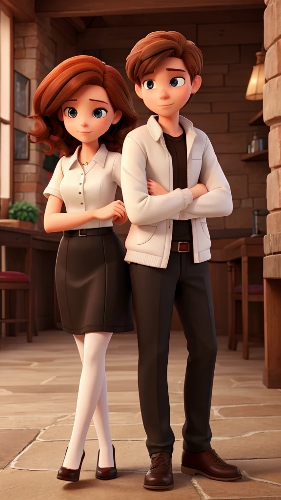 A couple of lovers, woman being redhead and white boyfriend with dark brown hair wearing a black outfit
