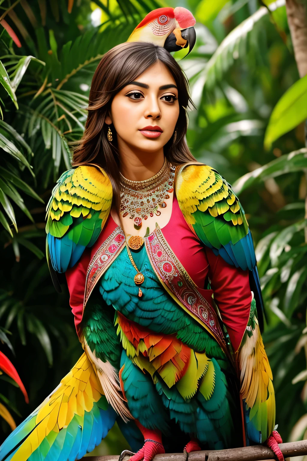Hansika Motwani is a Parrot bird, She is a bird but her head looks like girl, from neck to full body looks like Parrot bird. Parrot legs, Parrot wings. Bird body, Parrot body,   perfect picture, perfect bird, real bird, Real head replace with real Parrot head. Exact Bird. Colorful Parrot.
