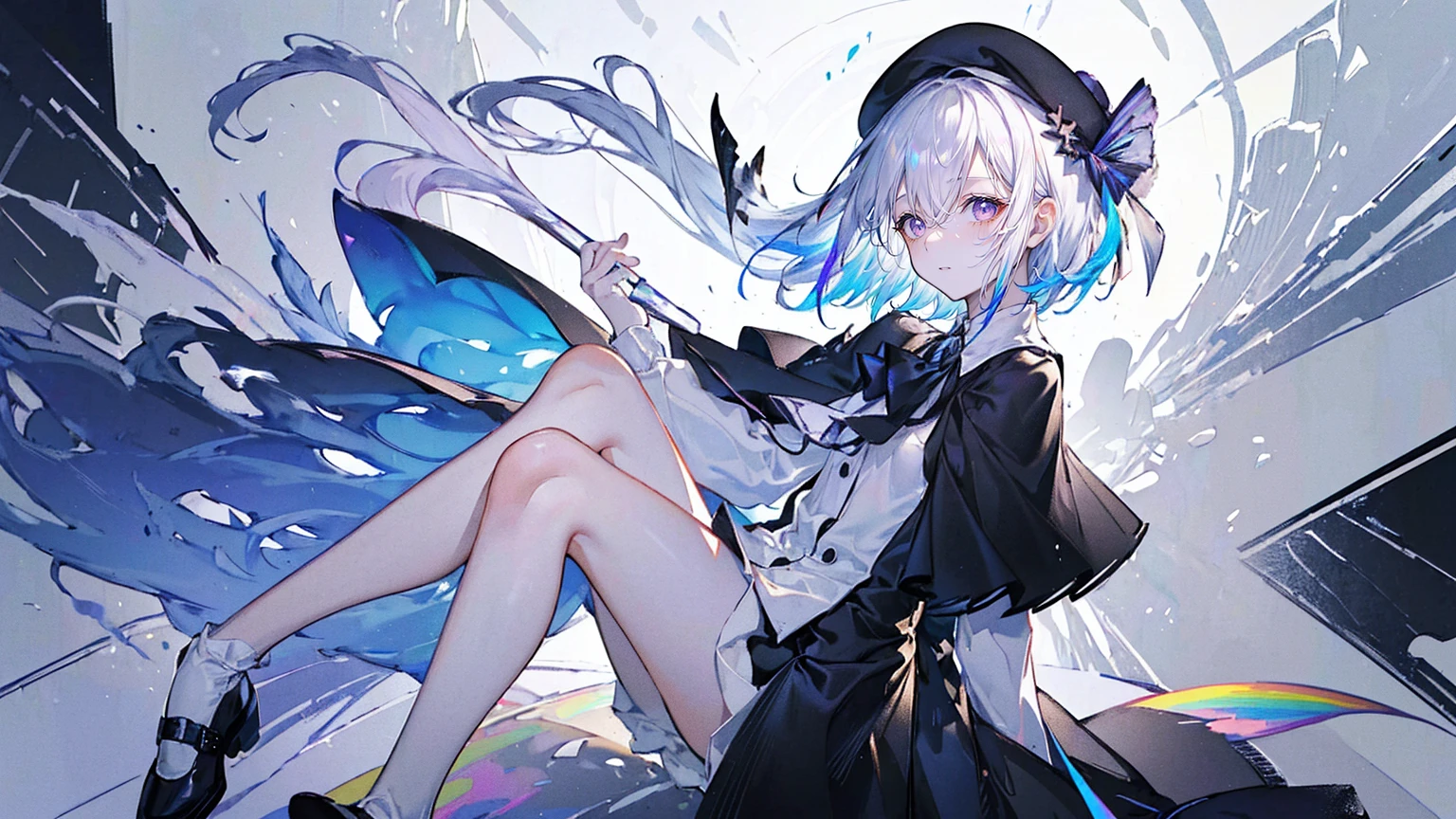 (Super detailed)),((illustration))，((masterpiece)),(((need))),((fine、Highest quality CG Unity 8K wallpapers，masterpiece），（（4K，masterpiece，best quality）），rainbow发的大概16岁的少女，flat chest，short hair，Gold and silver eyes，Golden Apprentice Uniform，Black short cape，Berets，Black shoes，Paint flowing under your feet，Black Silk，Take the color palette，White short skirt covered with paint，Monocle，The walls are covered with portraits，身边有rainbow，phantom，Exhaustion，Overworked，There is a huge drawing board in front of me.，Floating in a white room，Paint condensed in the air，rainbow，individual，Full body picture