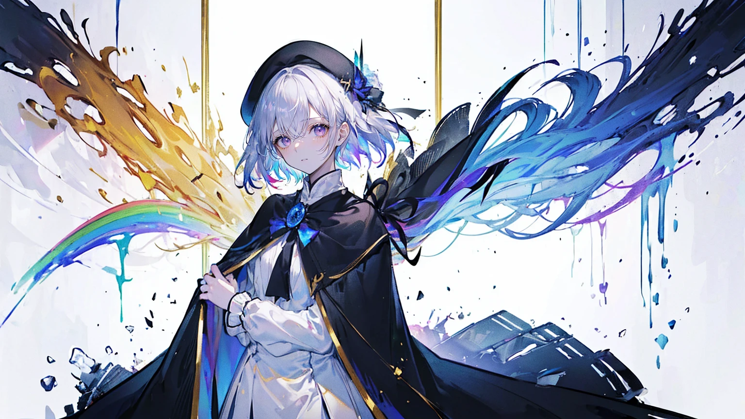 (Super detailed)),((illustration)),((masterpiece)),(((need))),((fine、Highest quality CG Unity 8K wallpapers,masterpiece),((4K,masterpiece,best quality)),rainbow发的大概16岁的少女,flat chest,short hair,Gold and silver eyes,Golden Apprentice Uniform,Black short cape,Berets,Black shoes,Paint flowing under your feet,Black Silk,Take the color palette,White short skirt covered with paint,Monocle,The walls are covered with portraits,身边有rainbow,phantom,Exhaustion,Overworked,There is a huge drawing board in front of me.,Floating in a white room,Paint condensed in the air,rainbow,individual,Full body picture