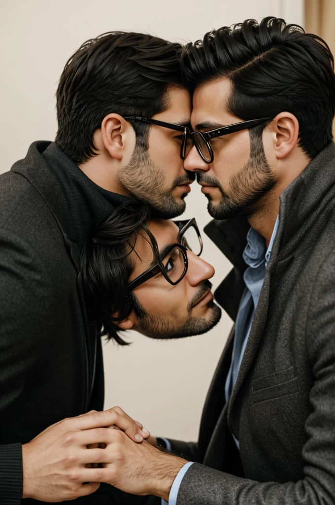 A single dark-haired man with glasses without a beard kissing a fox