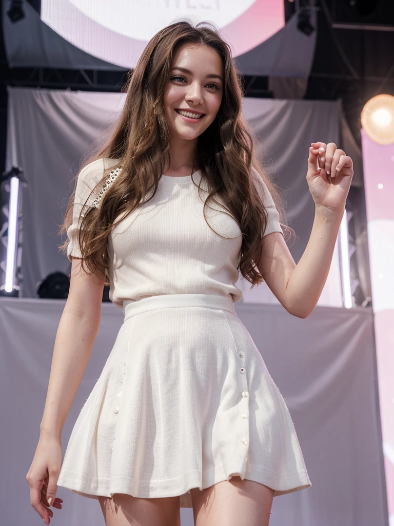 A beautiful female singer who is performing on stage. Her body is slim and of average height, but healthy. She has wavy brunette hair. Her skin is pale white. She wears a jumper dress with a bubble-shaped skirt. She was holding an electric  guitar and standing in front of the mic, she looked cheerful. West-Asian (high-resolution + filtered)