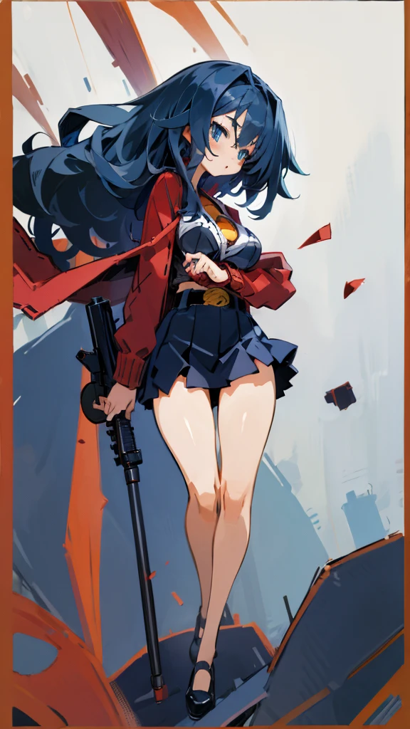 High detailed, anime girl, large spruce-blue hair, navy-blue eyes, busty, gorgeous plump body, red cardigan, Black bustier, large bullet belt, large skirt, holding Gun in hand