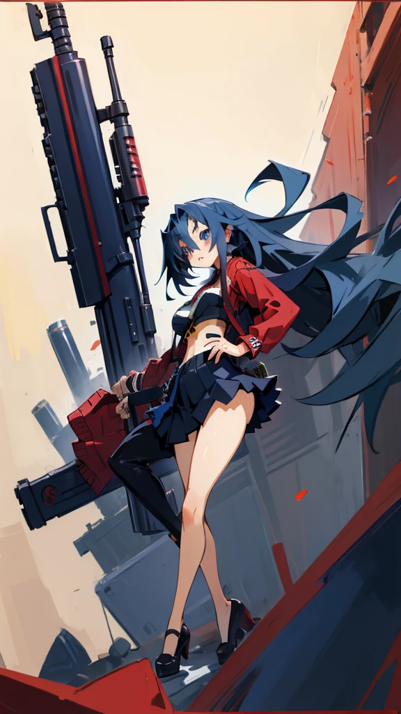 High detailed, anime girl, large spruce-blue hair, navy-blue eyes, busty, gorgeous plump body, red cardigan, Black bustier, large bullet belt, large skirt, holding Gun in hand