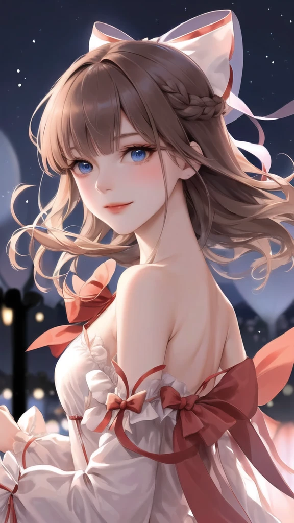 (extremely delicate and beautiful:1.2),1girl,fashi-girl, bangs, blue eyes, blurry, blurry background, bow, brown hair, closed mouth, from side, hair between eyes, hair bow, lantern, light particles, long sleeves, looking at viewer, medium hair, night, red bow, solo, star \(symbol\), upper body,smile,red lips
