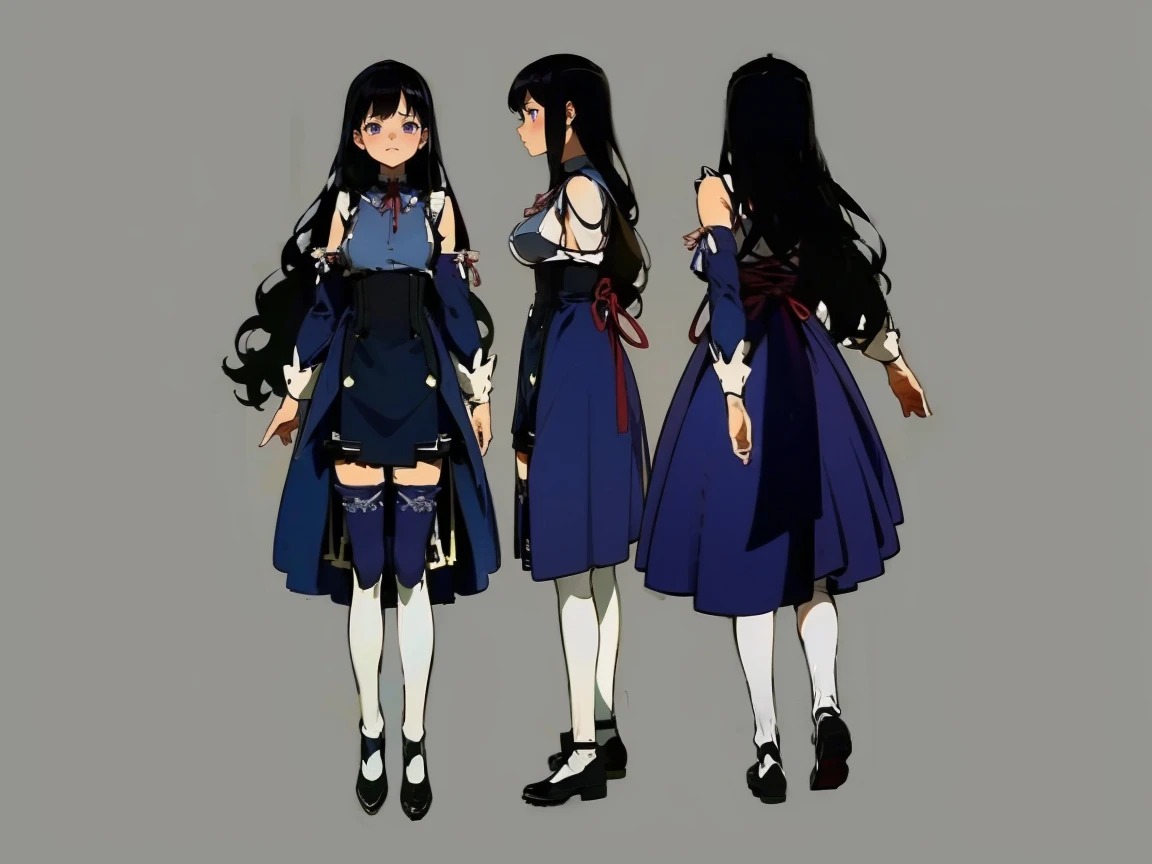 (((three-sided view, front view, side view, back view, multiple views, multiple poses and expressions, many parts)), concept art, character concept art, character sheet, Full body, illustration, (simple background, gray background), 1 character, 1girl, fantasy art:1.1), (reo mikage:0.7), blue lock, girls with((black hair, bangs, (one side up, long wavy hair, ribbon:1.55), perfect hands, perfect fingers, (exposed breasts, tits cleavage, breasts close up:1.2), dress((suspenders, dress, belt, nun:1.15), (blue clothes, frills shirt, no sleeves, sleeveless, frills panniers, long sleeves, white legwear, thighhighs, single thighhighs, single legwear, black footwear, strap shoes:1.42))