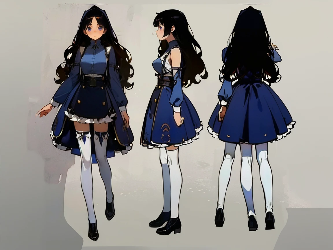 (((three-sided view, front view, side view, back view, multiple views, multiple poses and expressions, many parts)), concept art, character concept art, character sheet, Full body, illustration, (simple background, gray background), 1 character, 1girl, fantasy art:1.1), (reo mikage:0.7), blue lock, girls with((black hair, bangs, (one side up, long wavy hair, ribbon:1.55), perfect hands, perfect fingers, (exposed breasts, tits cleavage, breasts close up:1.2), dress((suspenders, dress, belt, nun:1.15), (blue clothes, frills shirt, no sleeves, sleeveless, frills panniers, long sleeves, white legwear, thighhighs, single thighhighs, single legwear, black footwear, strap shoes:1.42))