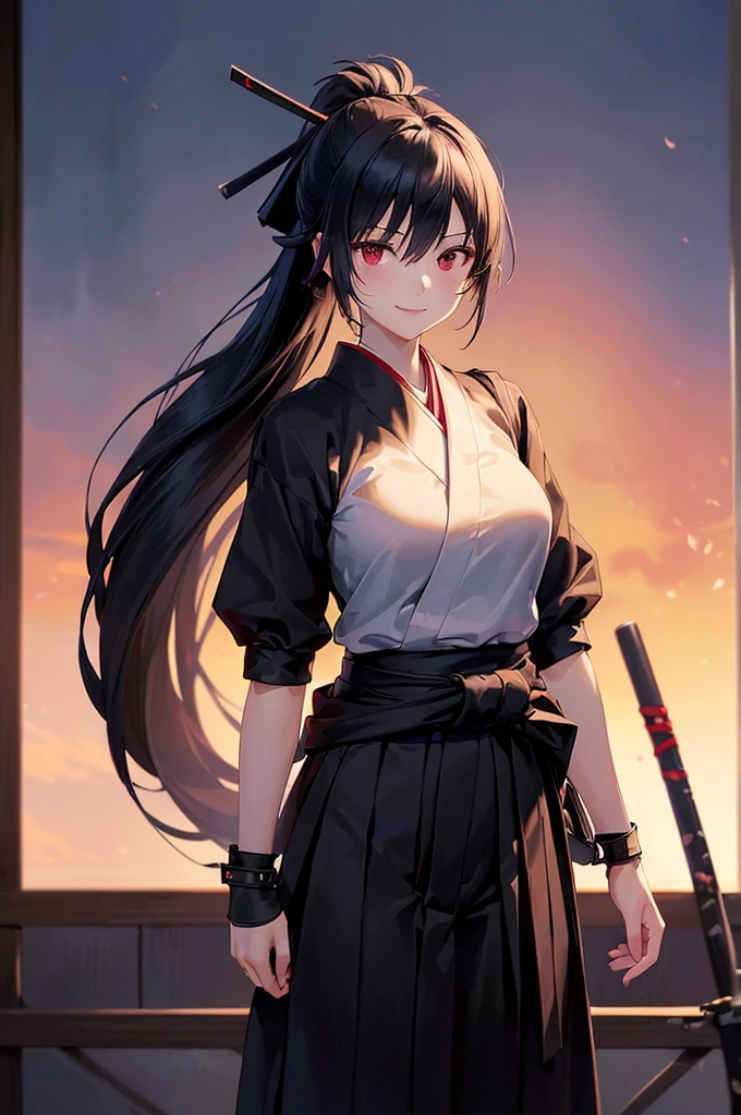 (masterpiece; best quality: 1.2), (finely detailed eyes: 1.3), ((25 year old woman)), ((solo)), (red eyes: 1.4), (body; lithe, slender, femenine: 1.3), (black hair in ponytail: 1.3), (beautiful and clear background: 1.2), ((depth of field)), (clothes: ronin attire + black hakama + black sash: 1.3), (anime illustration: 1.2), (background composition; kendo dojo + night time: 1.1), (extremely fine and beautiful: 1.1), (shot composition; standing + centered on torso + close-up: 1.5), (expression; calm, smile: 1.2)