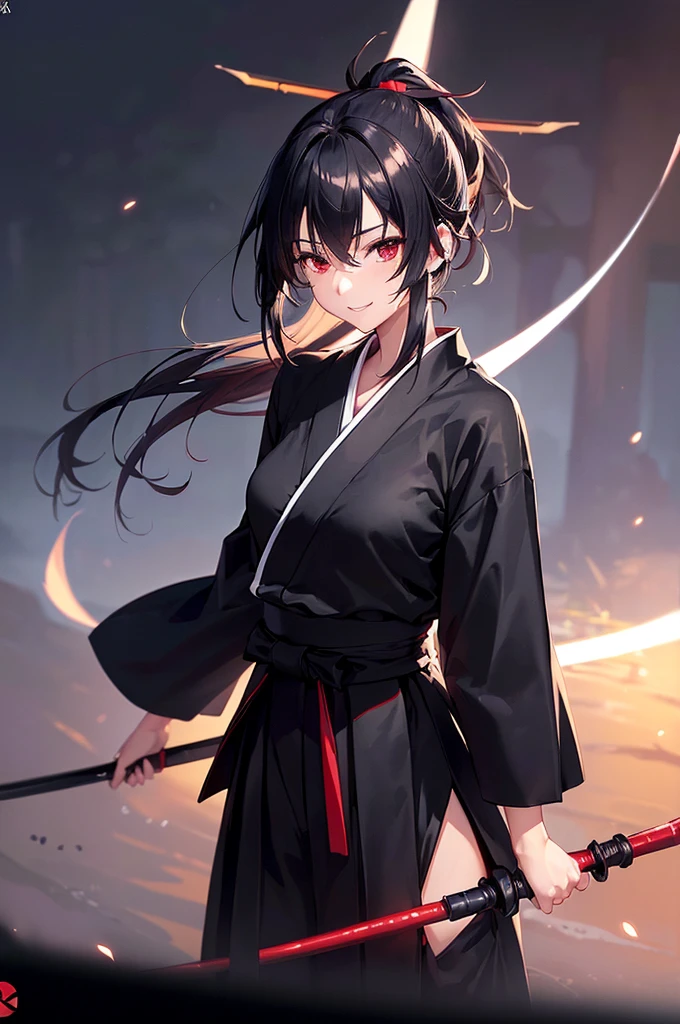 (masterpiece; best quality: 1.2), (finely detailed eyes: 1.3), ((25 year old woman)), ((solo)), (red eyes: 1.4), (body; lithe, slender, femenine: 1.3), (black hair in ponytail: 1.3), (beautiful and clear background: 1.2), ((depth of field)), (clothes: ronin attire + black hakama + black sash: 1.3), (anime illustration: 1.2), (background composition; kendo dojo + night time: 1.1), (extremely fine and beautiful: 1.1), (shot composition; standing + centered on torso + close-up: 1.5), (expression; calm, smile: 1.2)