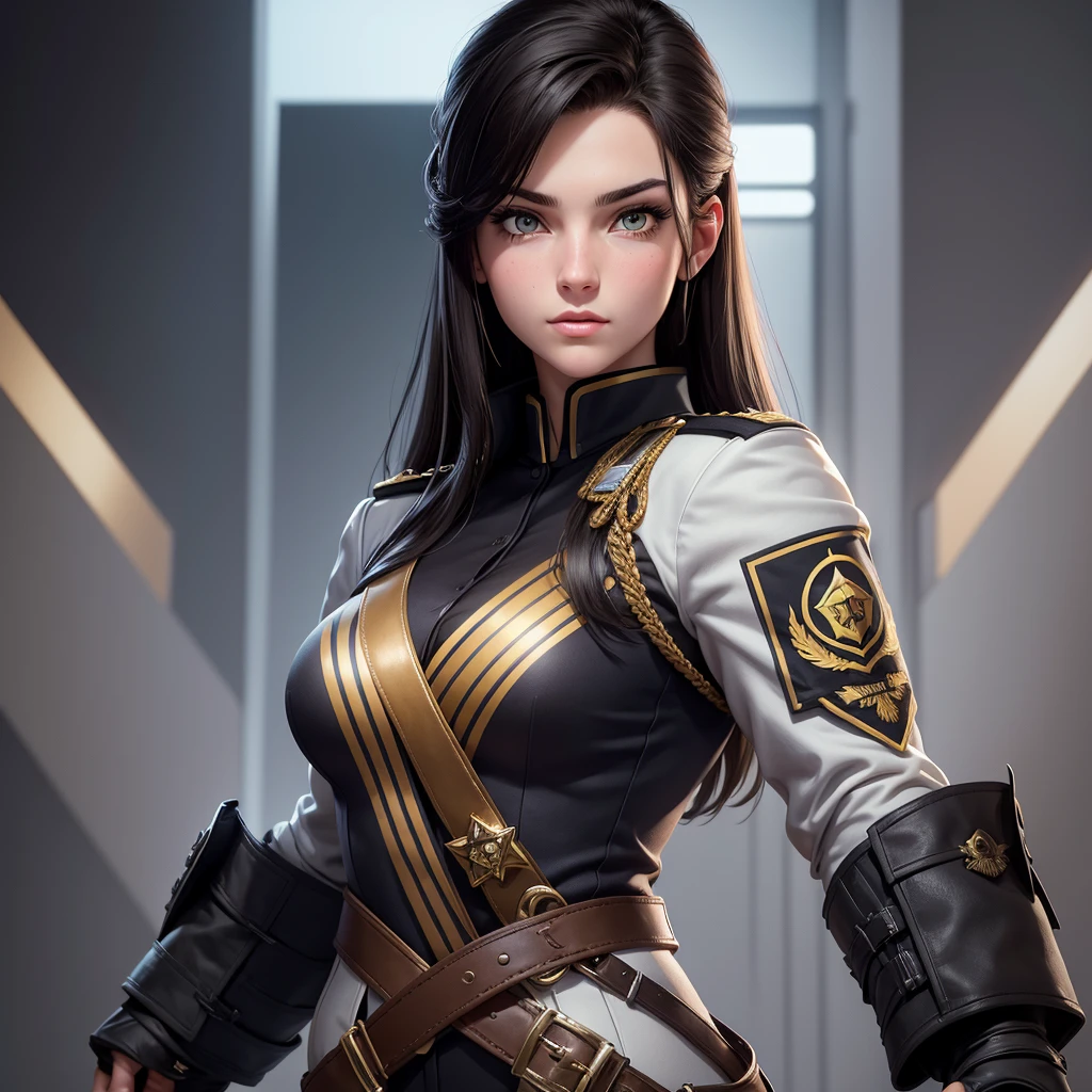Heather Akron is a 22 years old girl cadet with dark hair.. His eyes are yellow color, and his gaze is sexy, she has a tall stature and a strong build due to his military training.. She usually wears military officer uniforms, with insignia and patches indicating their rank and affiliation.