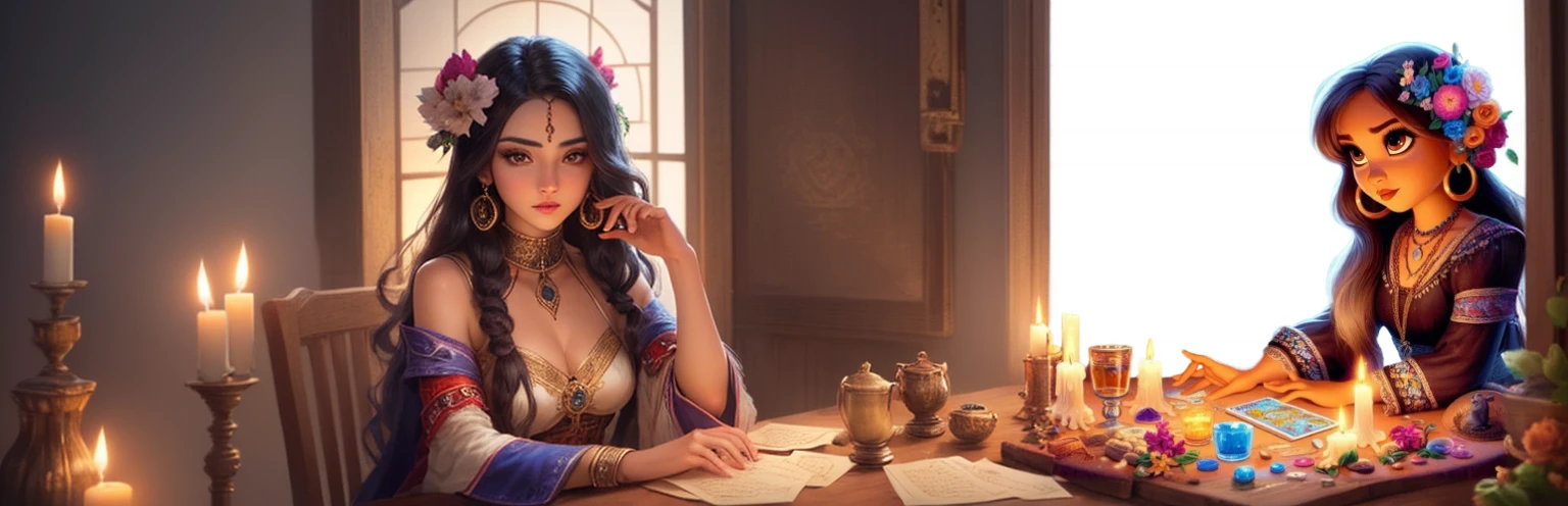 a woman sitting at a table with candles and a card, fortune teller, tarot cards characters, maya ali Sorceress, beautiful sorceress, tarot art, Psychic Girl, a beautiful sorceress, spell, Tarot card art, Sorceress woman, beautiful sorceress, Sorceress, mayan priestess, background art