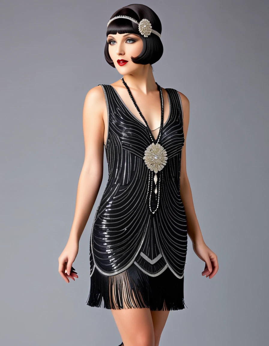 The Jazz Age Details: Zoom in on the intricate details of a Flapper's attire, from her beaded fringe dress to her T-strap heels, capturing the essence of 1920s fashion