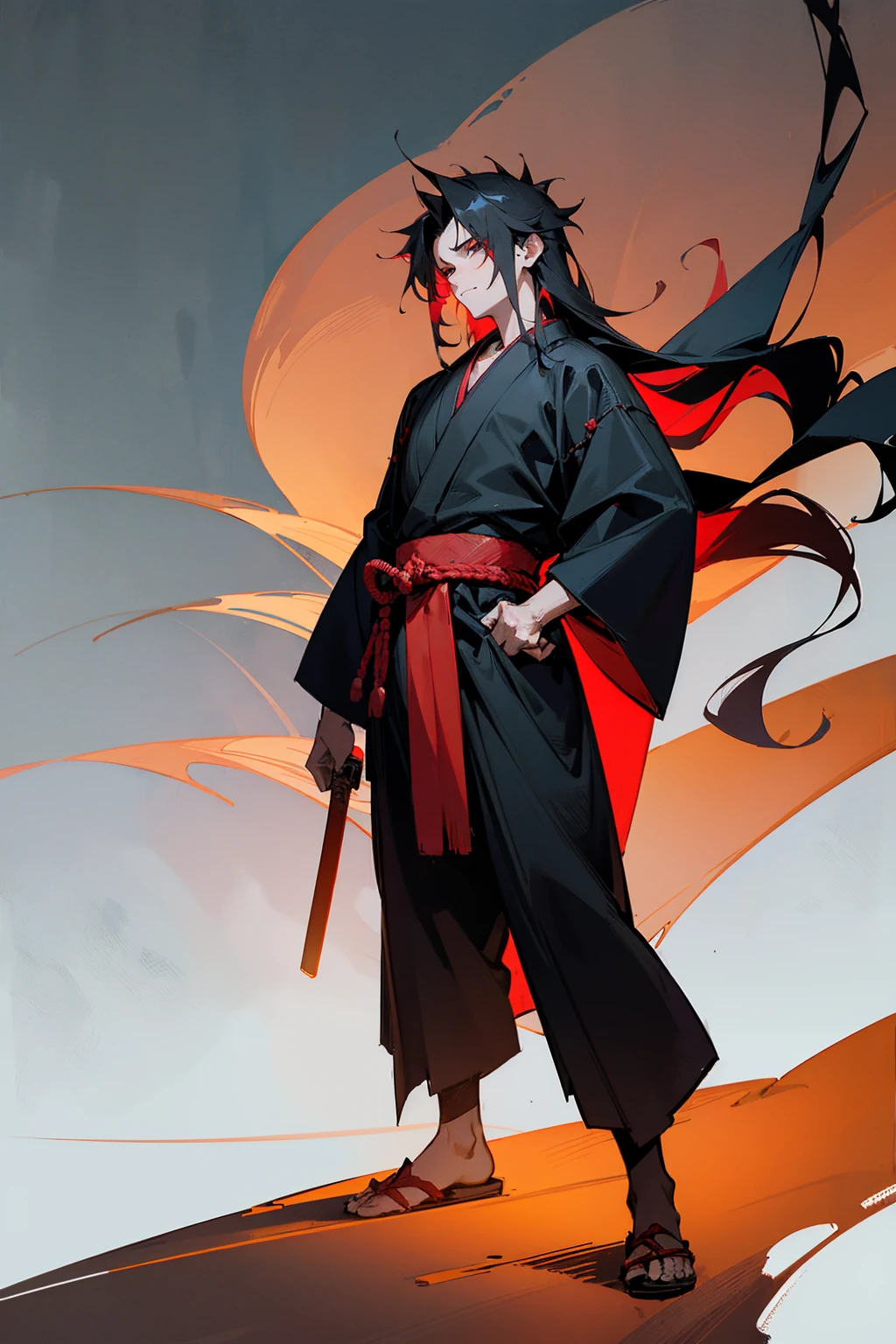 Masterpiece Quality, Perfect Generation, Sclera, Detailed Eyes, , Red And Black Long Spiky Hair, Muscular, Black And Red Haori, Bored Expression, , Full Body, , , Standing, Facing Viewer, Male, Standing Outside Temple In Forest, Clothed, Kimono, Standing In Temple, Night, Teen, Long Black Hair, Sword on hip,