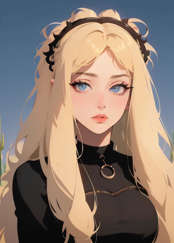 A woman who is, standing alone, the upper part of the body, (Random:1.3), layered hair, platinum blonde hair, hazel eyes, lush lips, , Beautiful dress, Desert landscape with cacti under the moonlight, (Masterpiece artwork, Best quality at best, detailded:1.3), The beautiful, with black horns