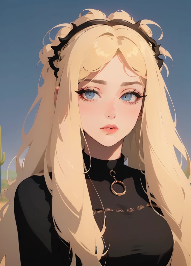 A woman who is, standing alone, the upper part of the body, (Random:1.3), layered hair, platinum blonde hair, hazel eyes, lush lips, , Beautiful dress, Desert landscape with cacti under the moonlight, (Masterpiece artwork, Best quality at best, detailded:1.3), The beautiful, with black horns