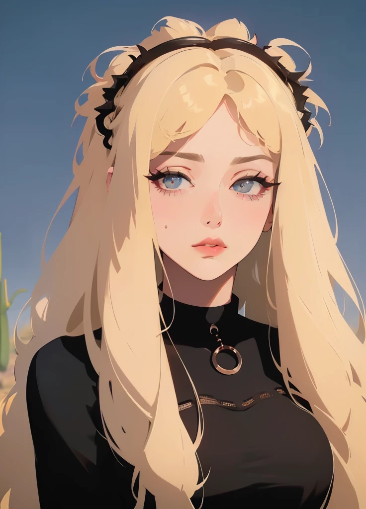 A woman who is, standing alone, the upper part of the body, (Random:1.3), layered hair, platinum blonde hair, hazel eyes, lush lips, , Beautiful dress, Desert landscape with cacti under the moonlight, (Masterpiece artwork, Best quality at best, detailded:1.3), The beautiful, with black horns