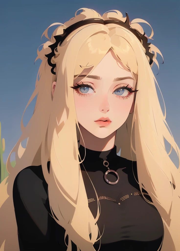 A woman who is, standing alone, the upper part of the body, (Random:1.3), layered hair, platinum blonde hair, hazel eyes, lush lips, , Beautiful dress, Desert landscape with cacti under the moonlight, (Masterpiece artwork, Best quality at best, detailded:1.3), The beautiful, with black horns