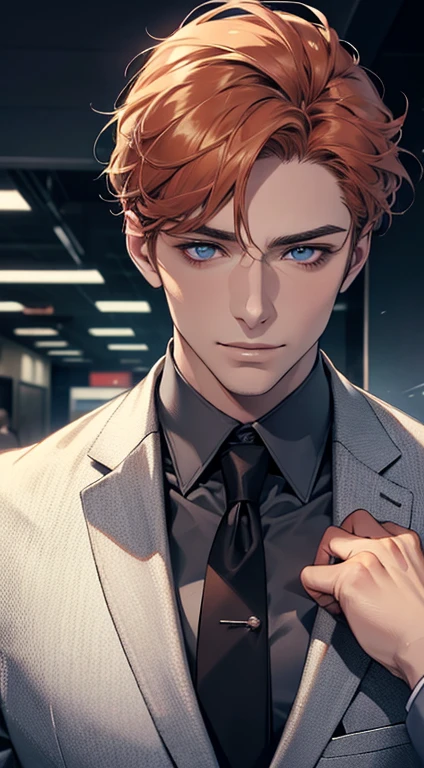 (best quality,4k,8k,highres,masterpiece:1.2),ultra-detailed,(realistic,photorealistic,photo-realistic:1.37),1 man,31 years old,mature man,very handsome,without expression,smile,short grey b
Orange hair,blue eyes,penetrating gaze,perfect face without errors,imposing posture,businessman,office background,cinematic lighting,hdr image